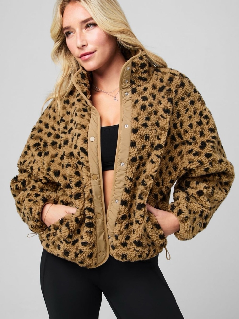 Fabletics Camel Leopard-Print Teddy Jacket